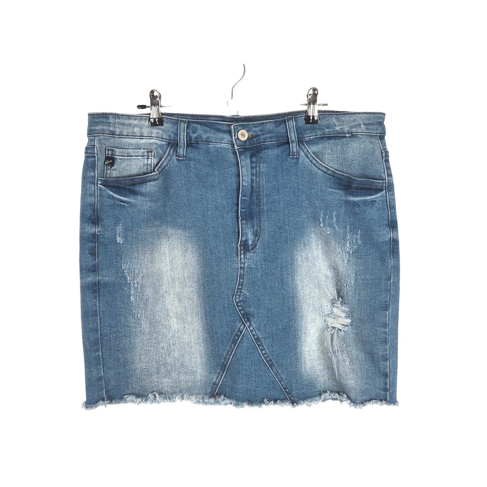 KanCan Distressed Raw Hem Denim Mini Skirt Blue Size 11 29 Casual Preppy Y2K